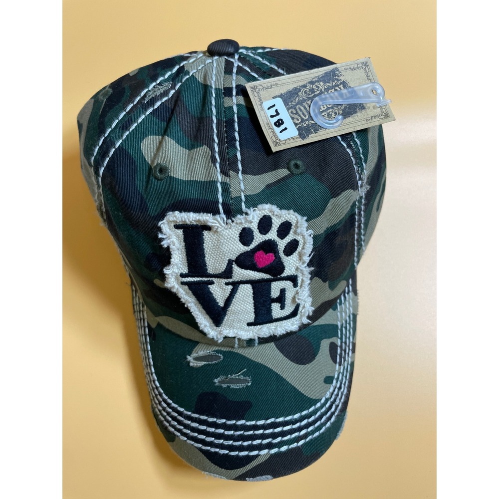 KBETHOS Ballcap Women OSFA Green Camo NWT Distressed Love Paw Print Hat